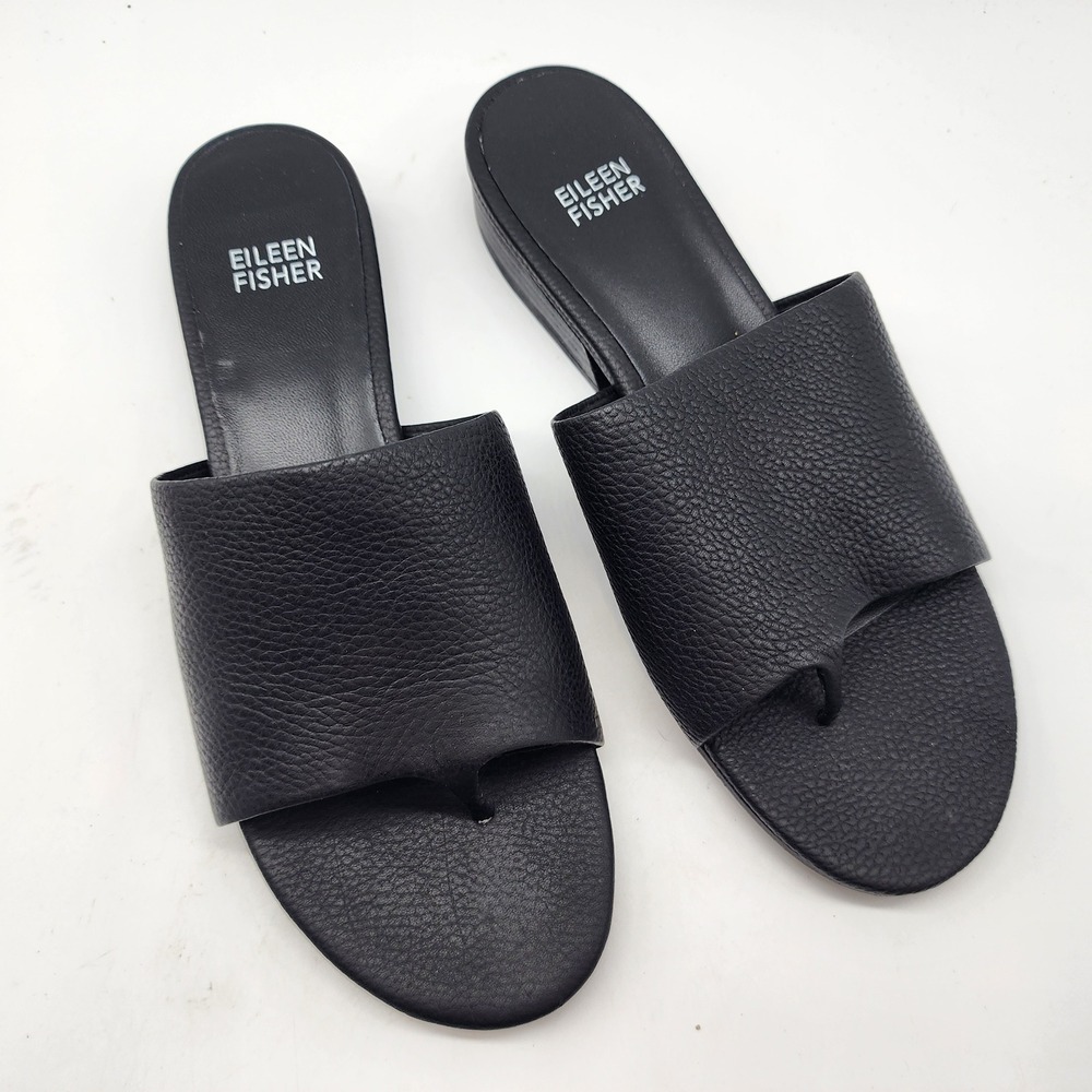 Eileen Fisher Edge Toe Loop Slide Sandals Women's 7.5 Black Pebbled Leather